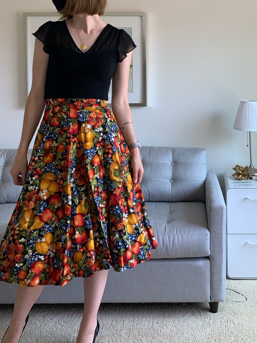 Hand Made Women's Fruit-Print A-Line Midi Skirt - Vibrant Multi